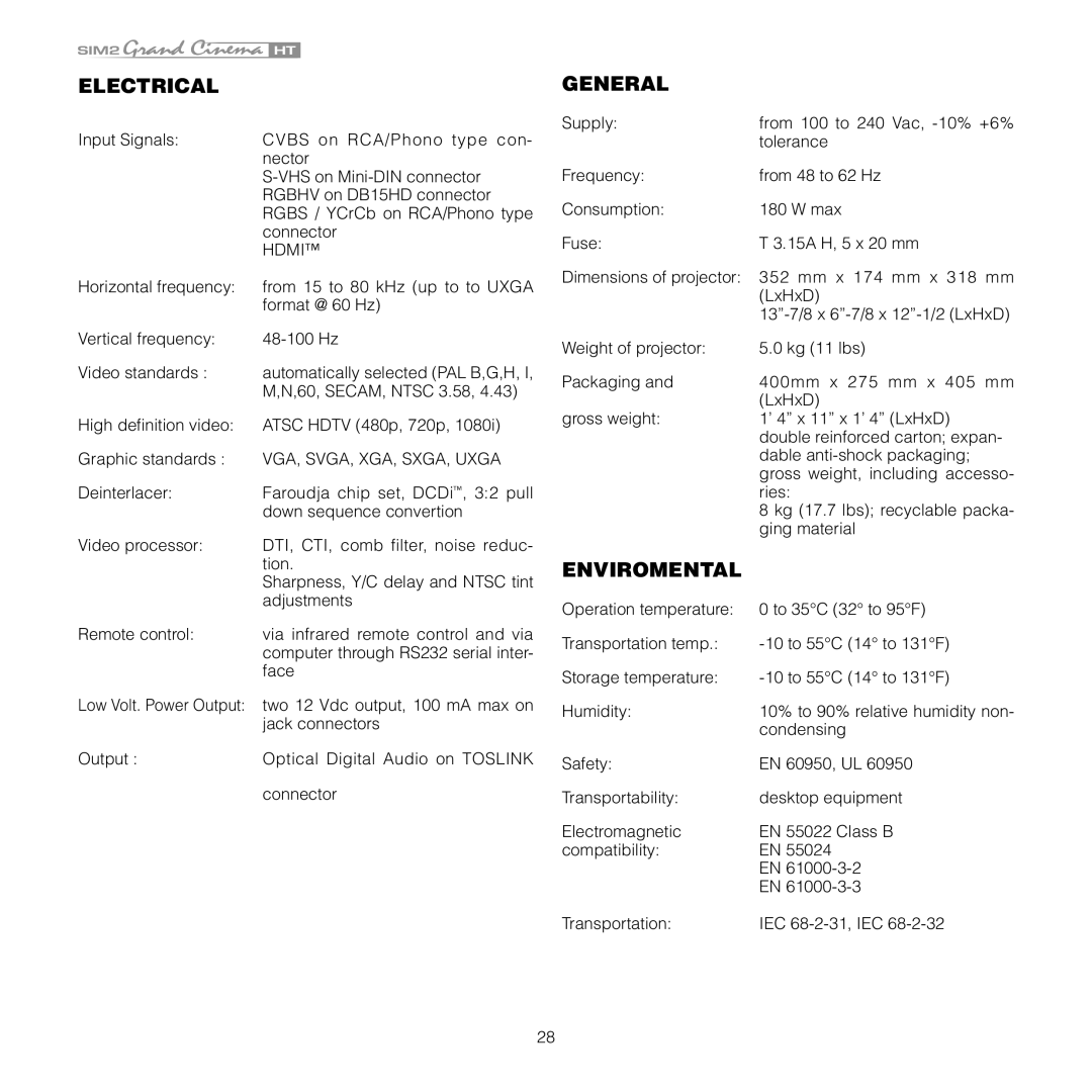 Sim2 Multimedia HT 280E, HT 300E installation manual Electrical 