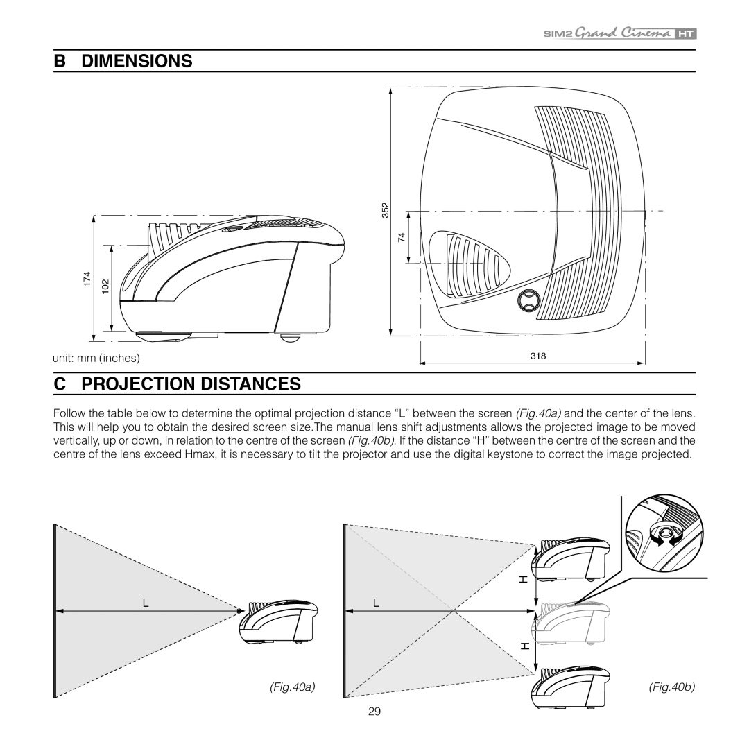 Sim2 Multimedia HT 300E, HT 280E installation manual Dimensions, Projection Distances 