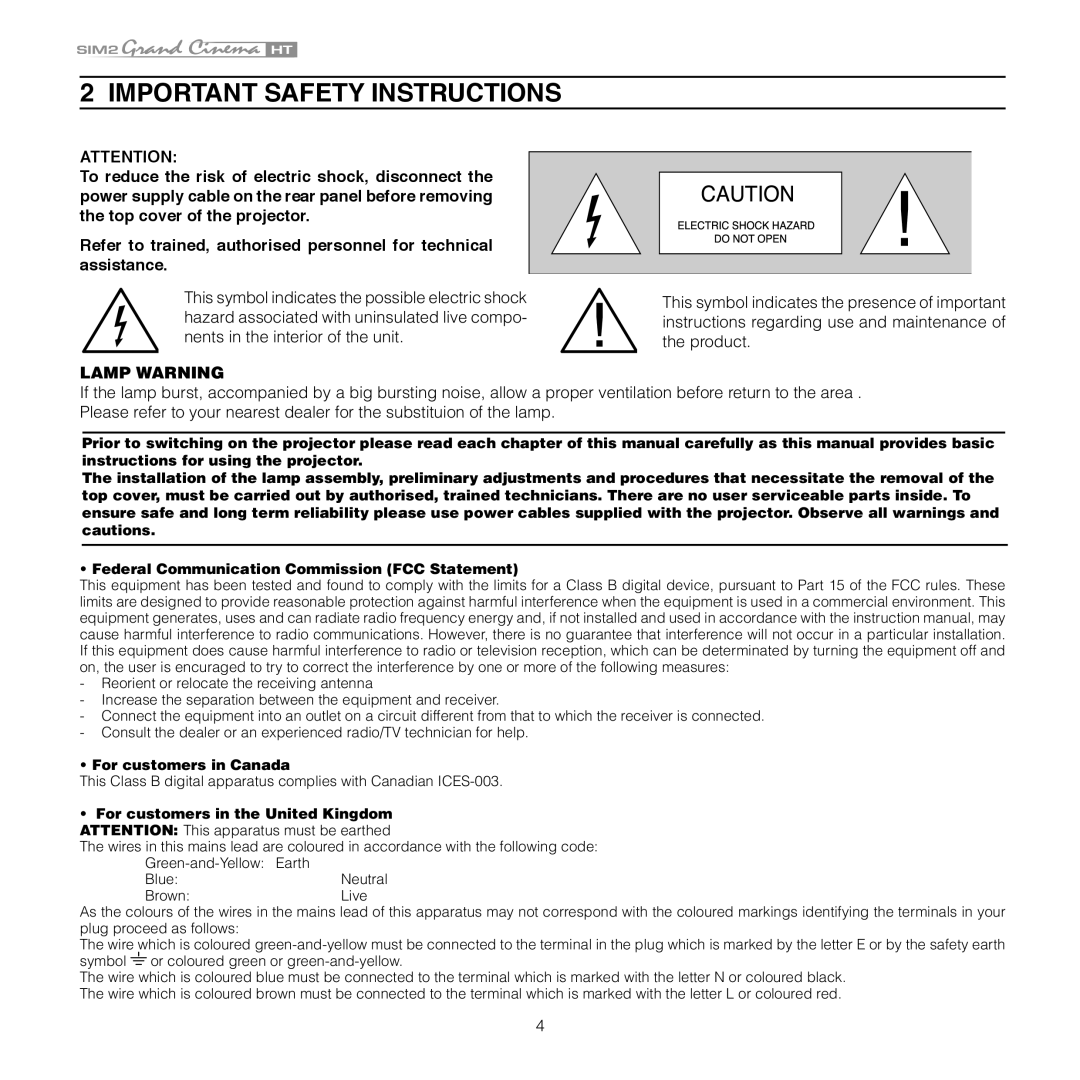 Sim2 Multimedia HT 280E, HT 300E installation manual Important Safety Instructions, Lamp Warning 