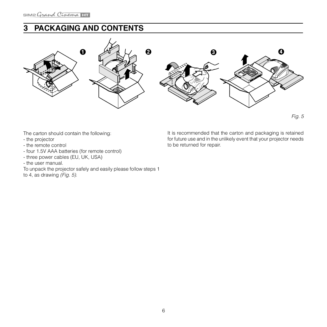 Sim2 Multimedia HT 280E, HT 300E installation manual Packaging and Contents 