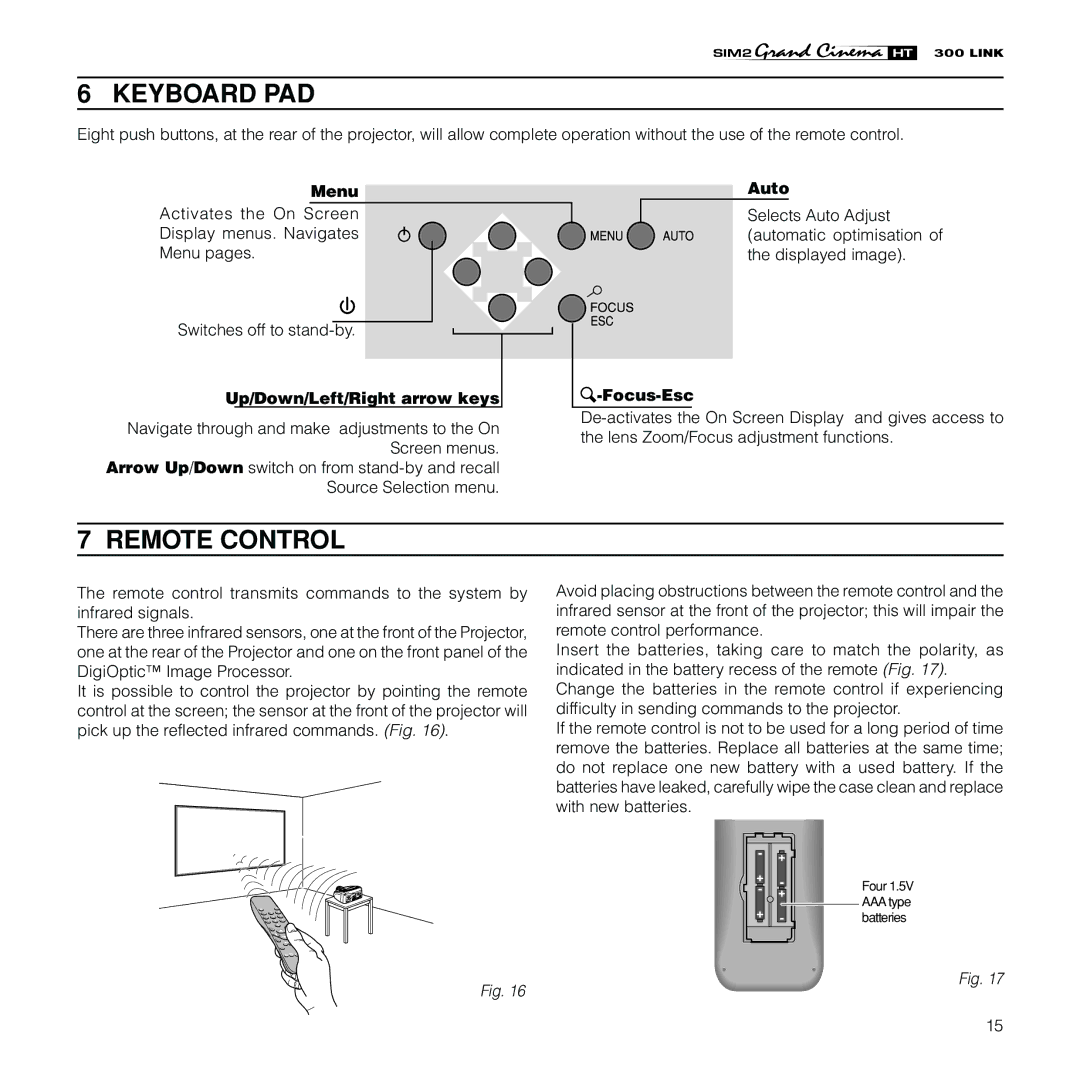 Sim2 Multimedia HT300 Link installation manual Keyboard PAD, Remote Control 