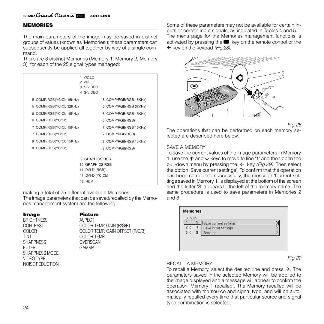 Sim2 Multimedia HT300 Link installation manual Memories, Image Picture 