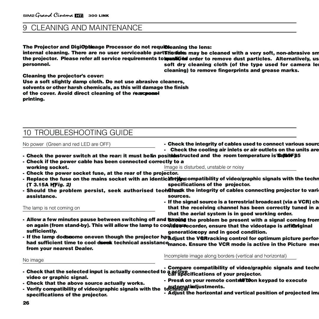 Sim2 Multimedia HT300 Link installation manual Cleaning and Maintenance, Troubleshooting Guide 