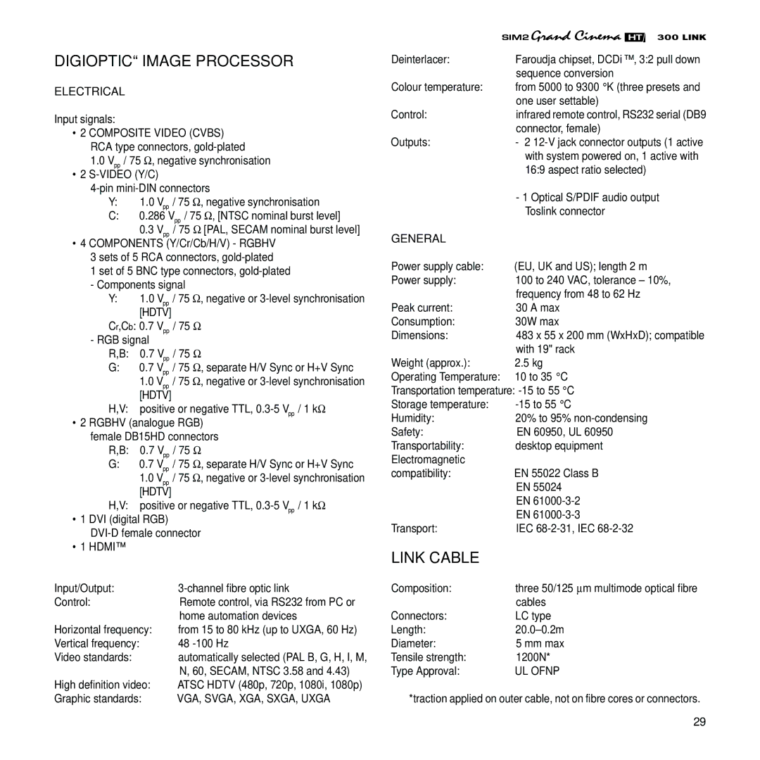 Sim2 Multimedia HT300 Link installation manual Digioptic Image Processor, Electrical 