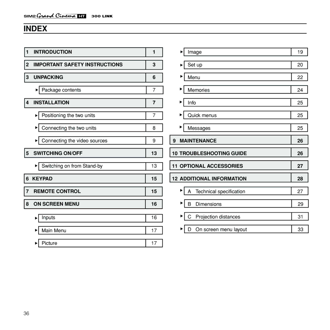 Sim2 Multimedia HT300 Link Index, Introduction Important Safety Instructions Unpacking, Installation, Switching ON/OFF 