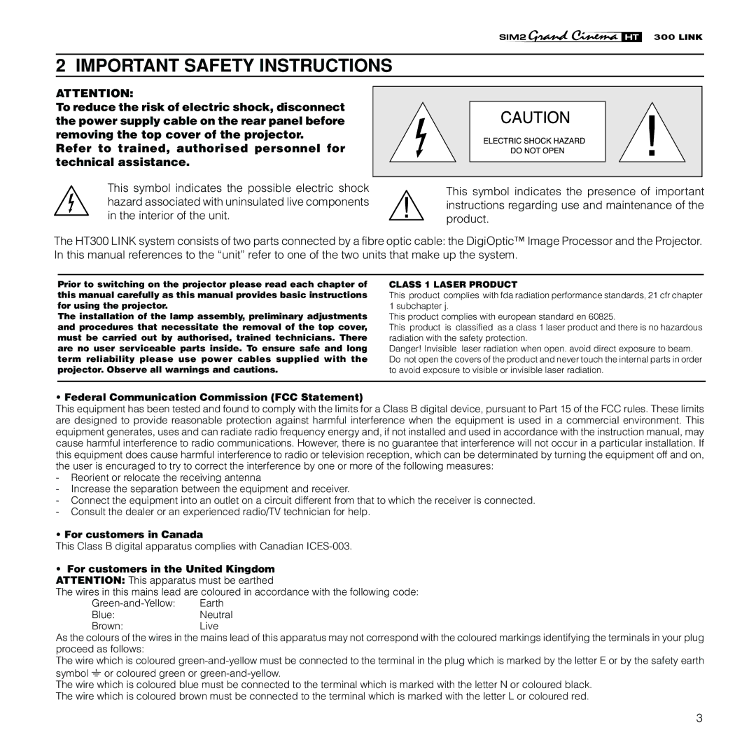 Sim2 Multimedia HT300 Link installation manual Important Safety Instructions, Class 1 Laser Product 