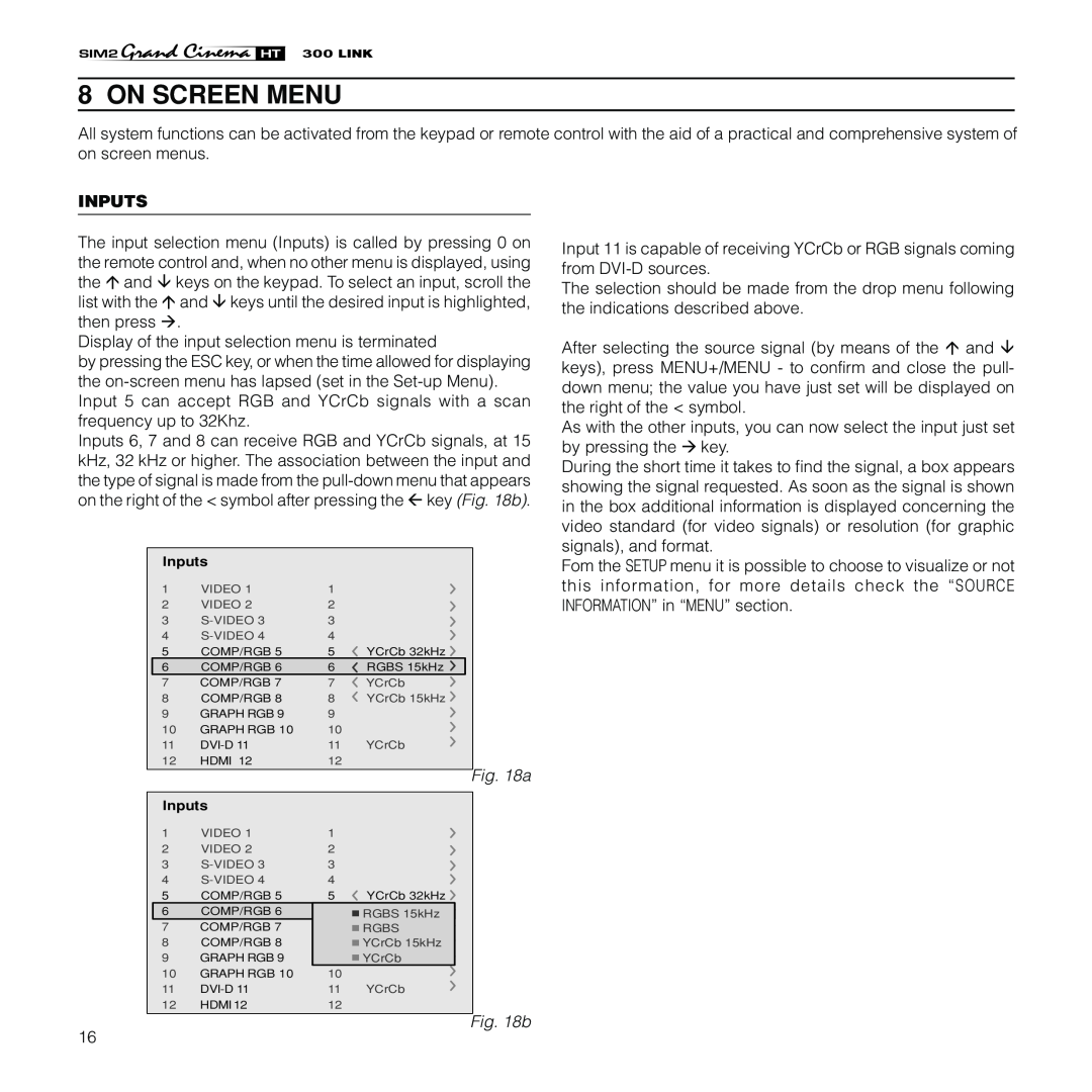 Sim2 Multimedia HT300 Link installation manual On Screen Menu, b, Inputs 