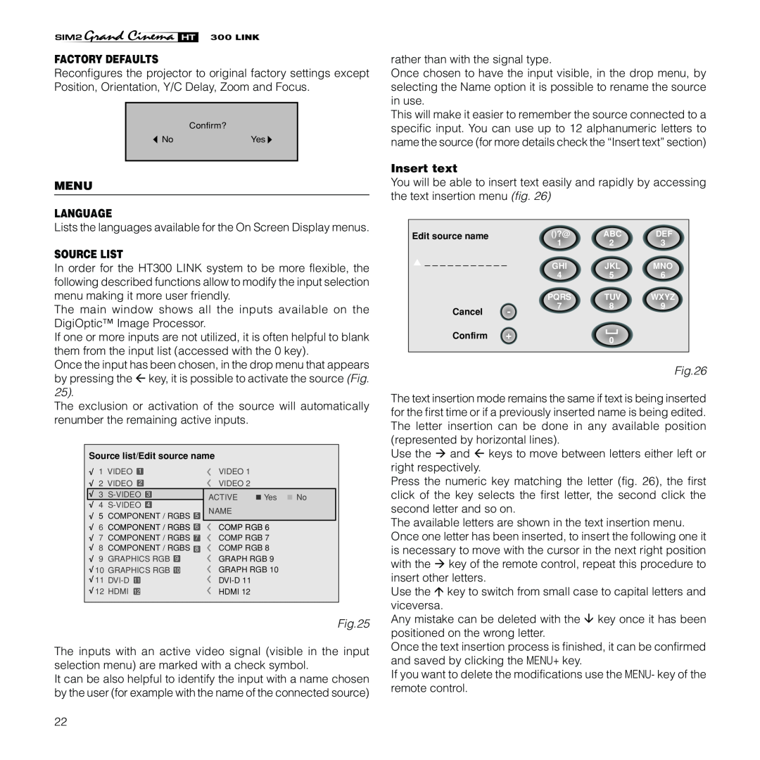 Sim2 Multimedia HT300 Link installation manual Factory Defaults, Menu Language, Source List, Insert text 