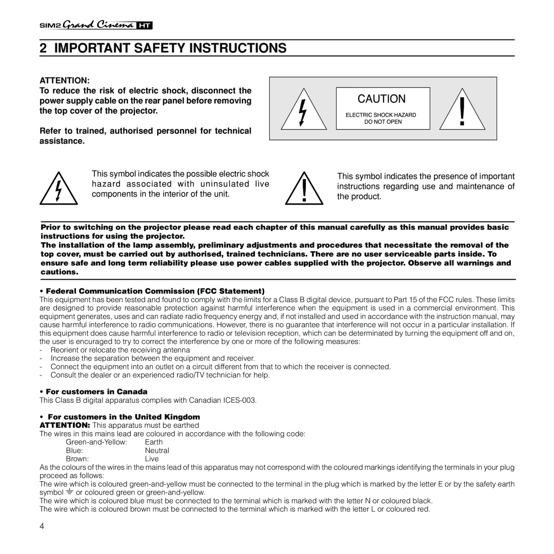 Sim2 Multimedia HT300 XTRA-H installation manual Important Safety Instructions 