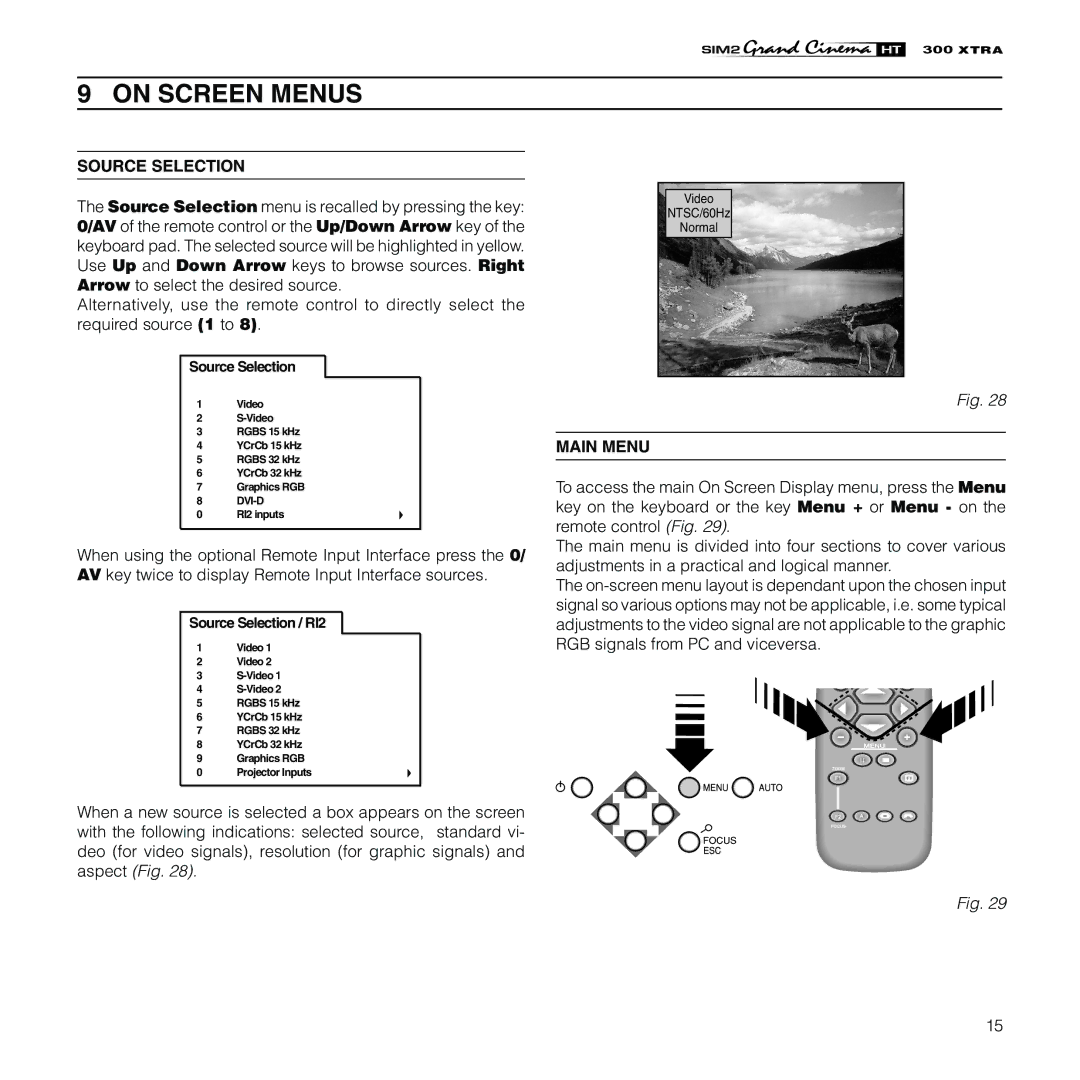 Sim2 Multimedia HT300 XTRA installation manual On Screen Menus, Source Selection, Main Menu 