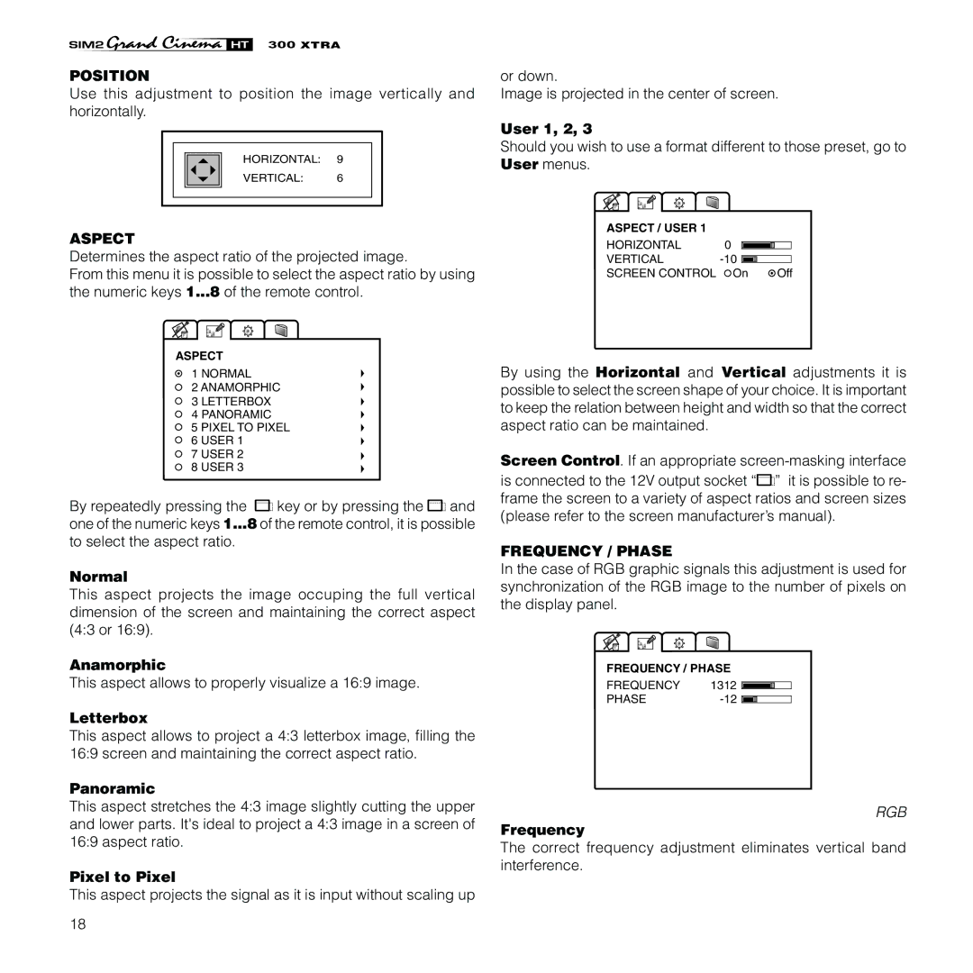 Sim2 Multimedia HT300 XTRA installation manual Position, Aspect, Frequency / Phase 