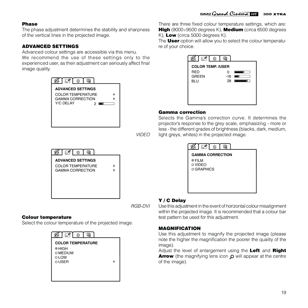 Sim2 Multimedia HT300 XTRA installation manual Advanced Settings, Magnification 