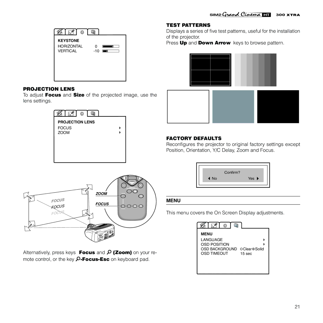 Sim2 Multimedia HT300 XTRA installation manual Test Patterns, Projection Lens, Factory Defaults, Menu 