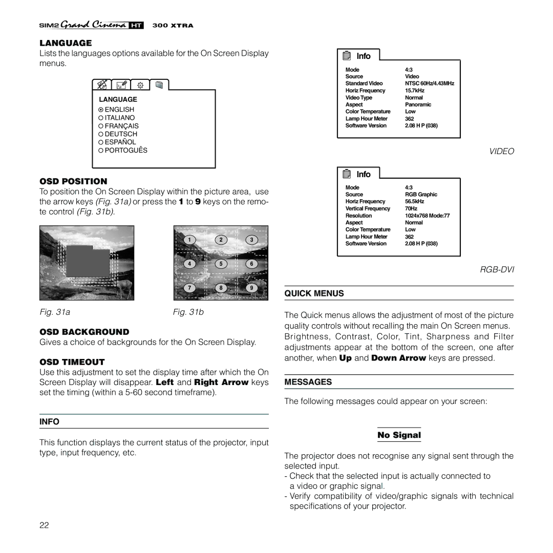 Sim2 Multimedia HT300 XTRA Language, OSD Position, OSD Background, OSD Timeout, Info, Quick Menus, Messages 