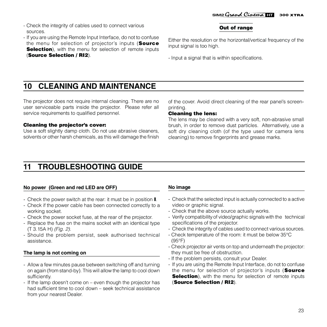 Sim2 Multimedia HT300 XTRA installation manual Cleaning and Maintenance, Troubleshooting Guide 