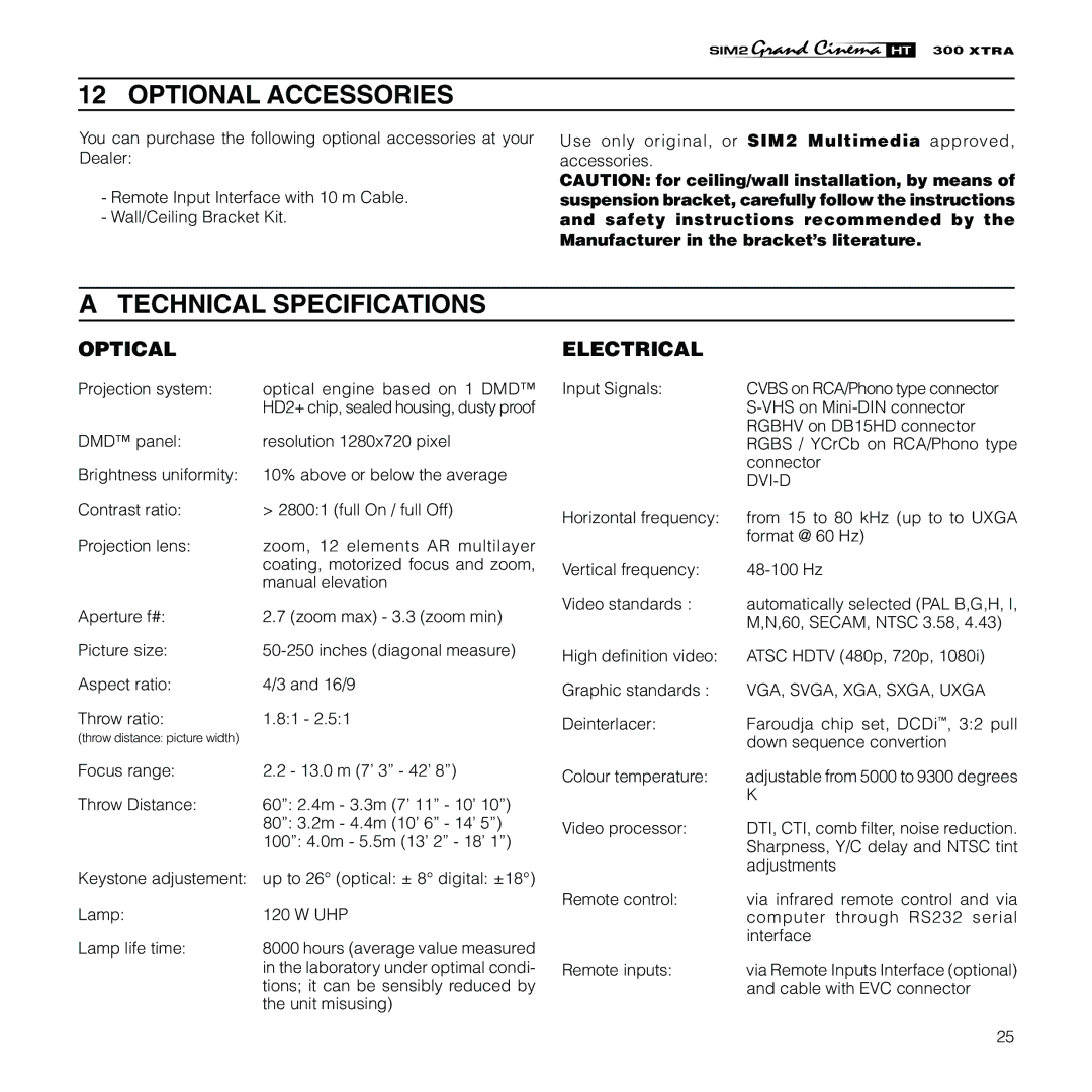 Sim2 Multimedia HT300 XTRA installation manual Optional Accessories, Technical Specifications 