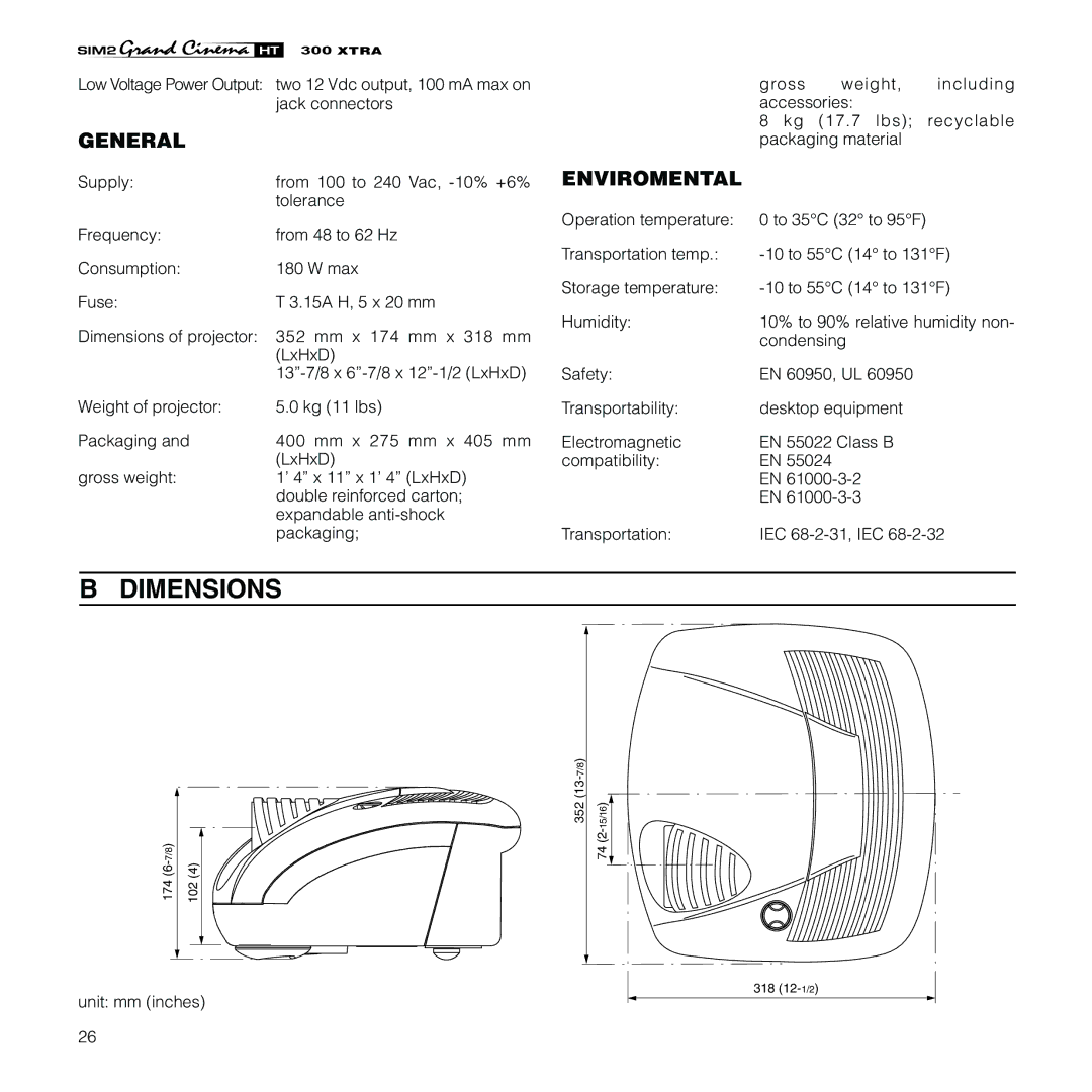 Sim2 Multimedia HT300 XTRA installation manual Dimensions, General 