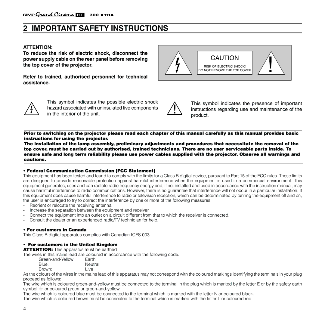 Sim2 Multimedia HT300 XTRA installation manual Important Safety Instructions 