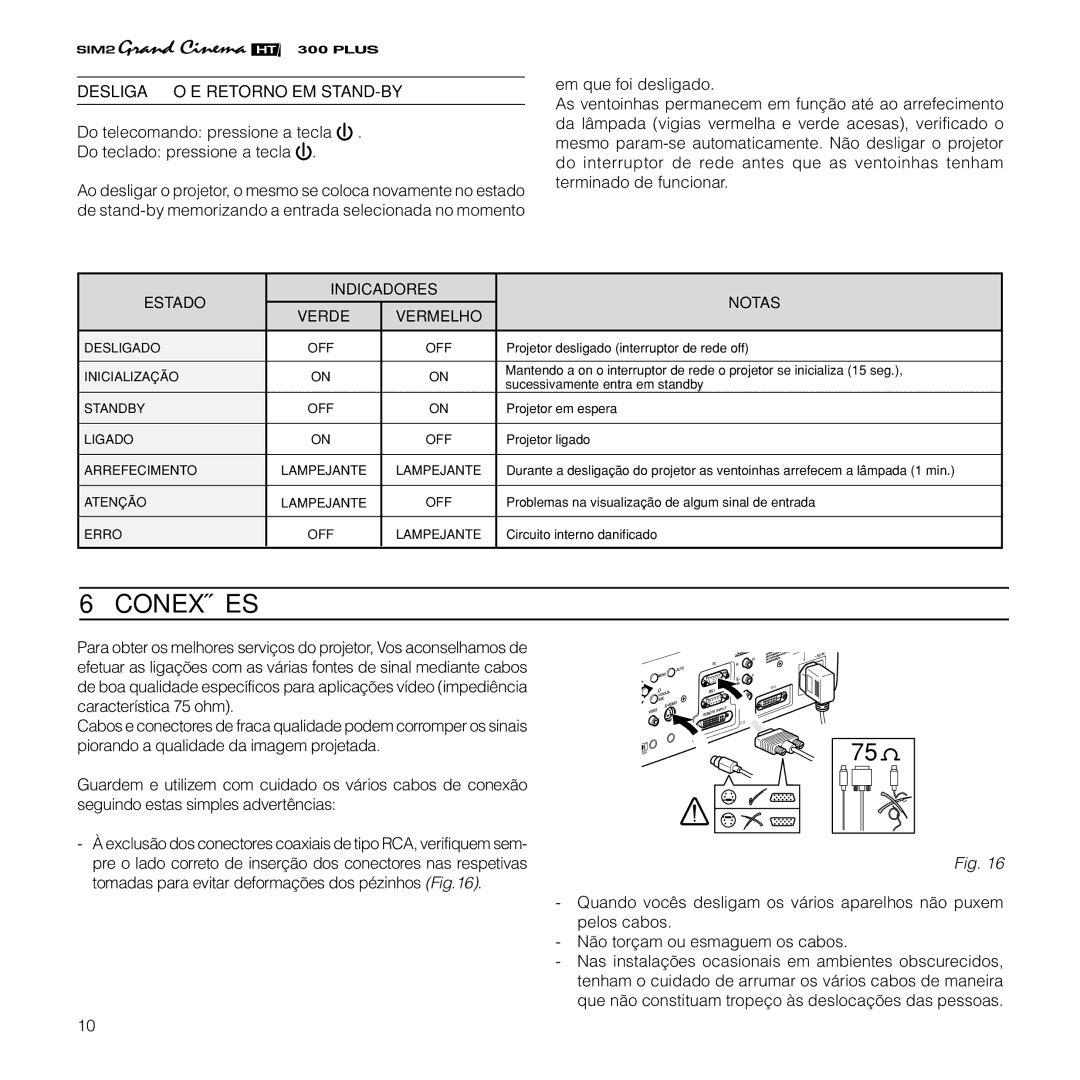 Sim2 Multimedia HT300 manual Conexões, Desligação E Retorno EM STAND-BY 