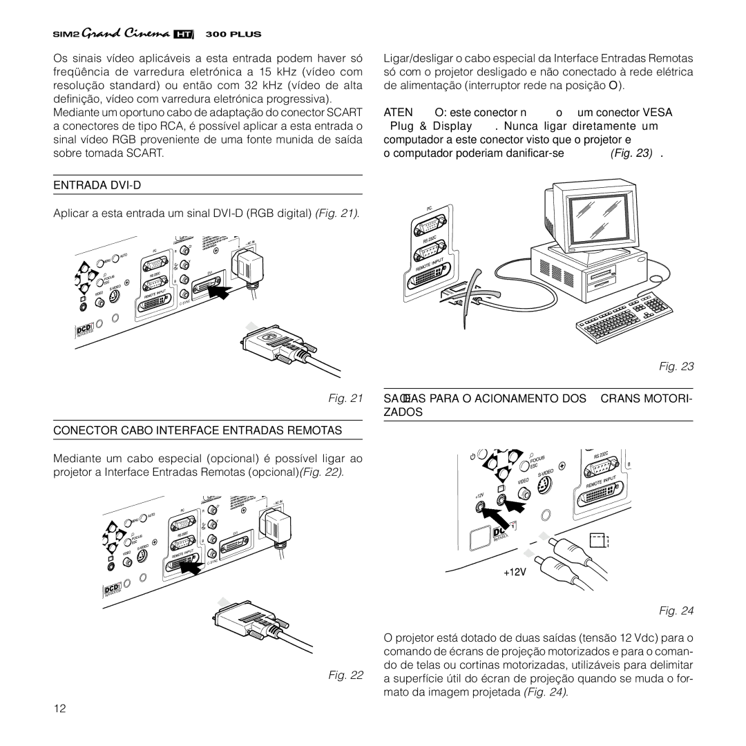 Sim2 Multimedia HT300 manual Entrada DVI-D, Conector Cabo Interface Entradas Remotas 