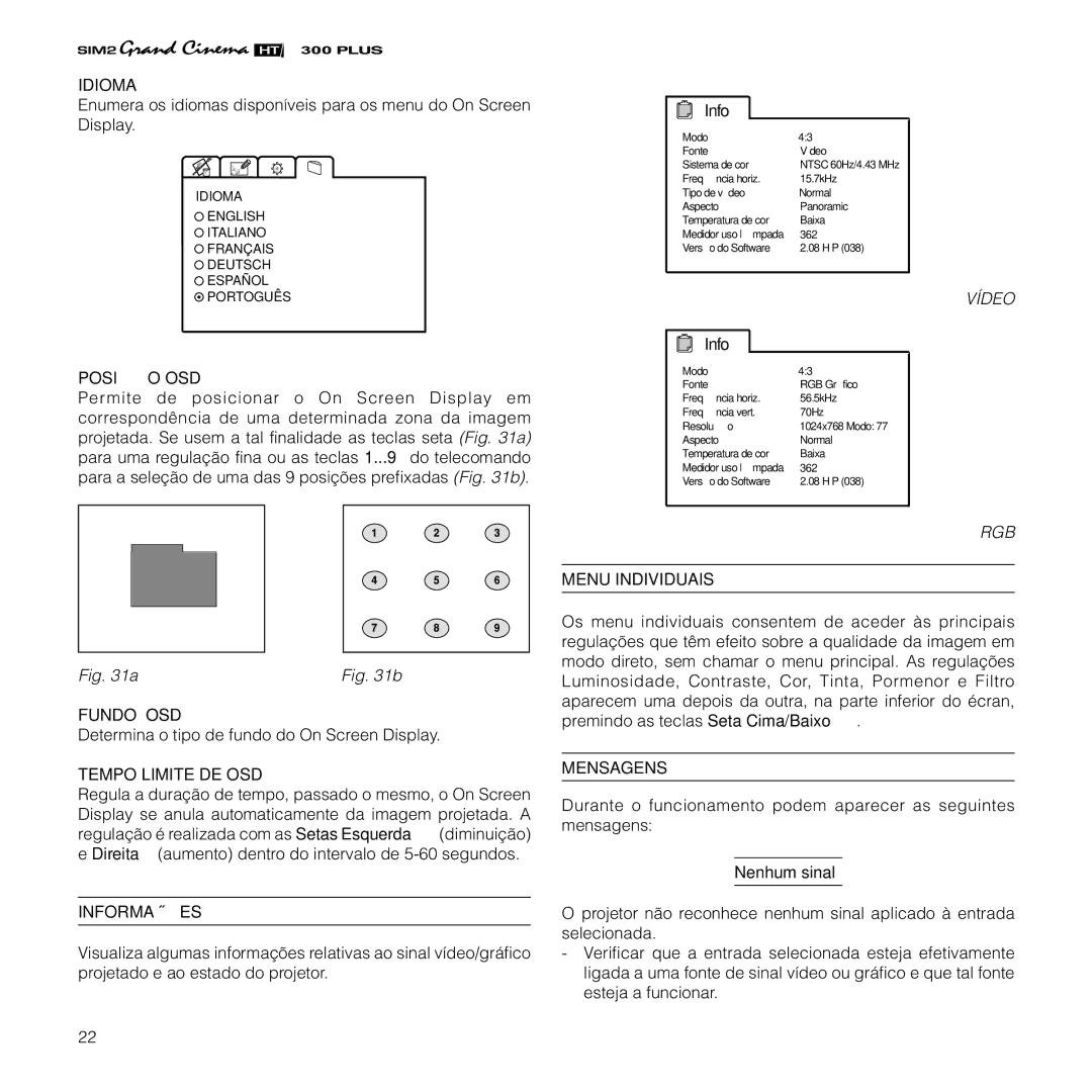 Sim2 Multimedia HT300 manual Idioma, Posição OSD, Fundo OSD, Tempo Limite DE OSD, Informações, Menu Individuais, Mensagens 