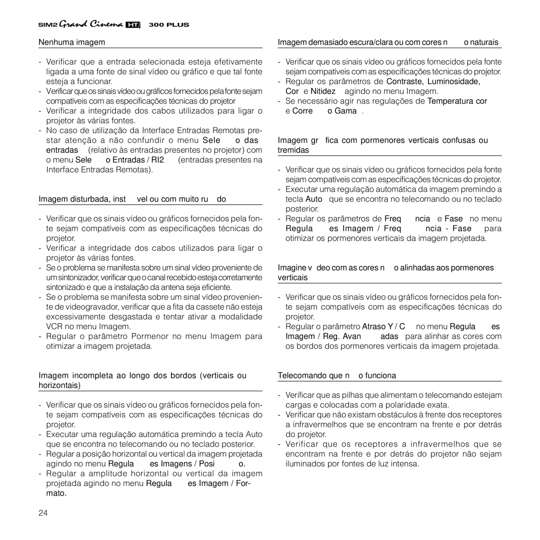 Sim2 Multimedia HT300 manual Nenhuma imagem, Imagem disturbada, instável ou com muito ruído, Telecomando que não funciona 