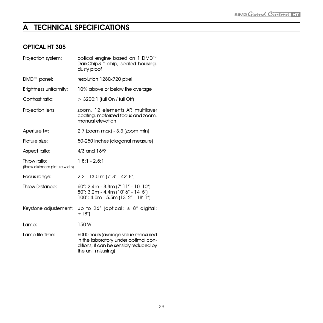 Sim2 Multimedia HT305 installation manual Technical Specifications, Optical HT 