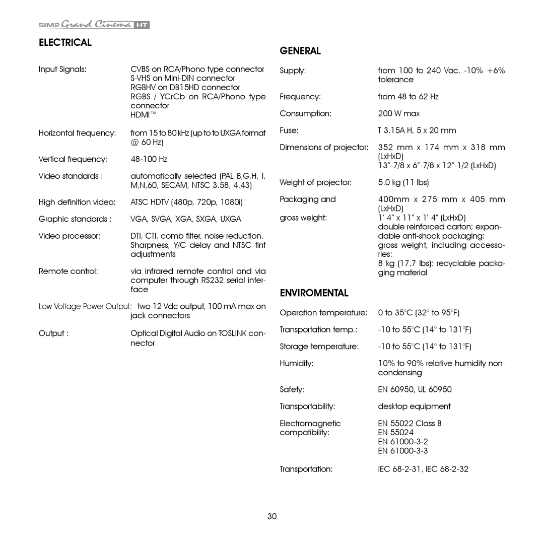 Sim2 Multimedia HT305 installation manual Electrical, VGA, SVGA, XGA, SXGA, Uxga 