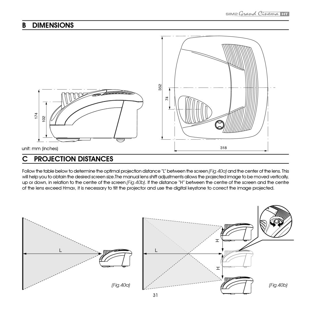 Sim2 Multimedia HT305 installation manual Dimensions, Projection Distances 