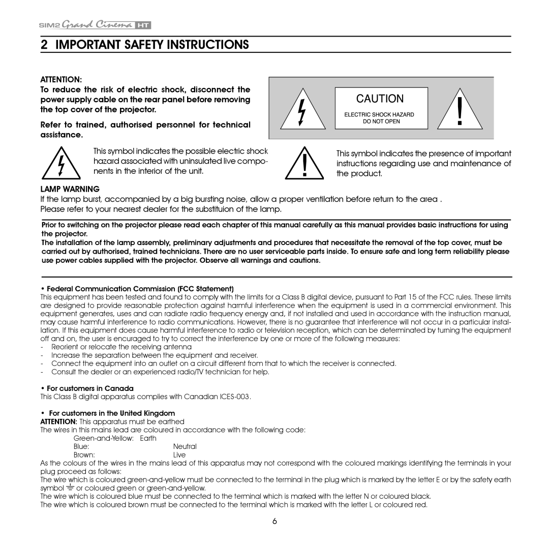 Sim2 Multimedia HT305 installation manual Important Safety Instructions, Lamp Warning 