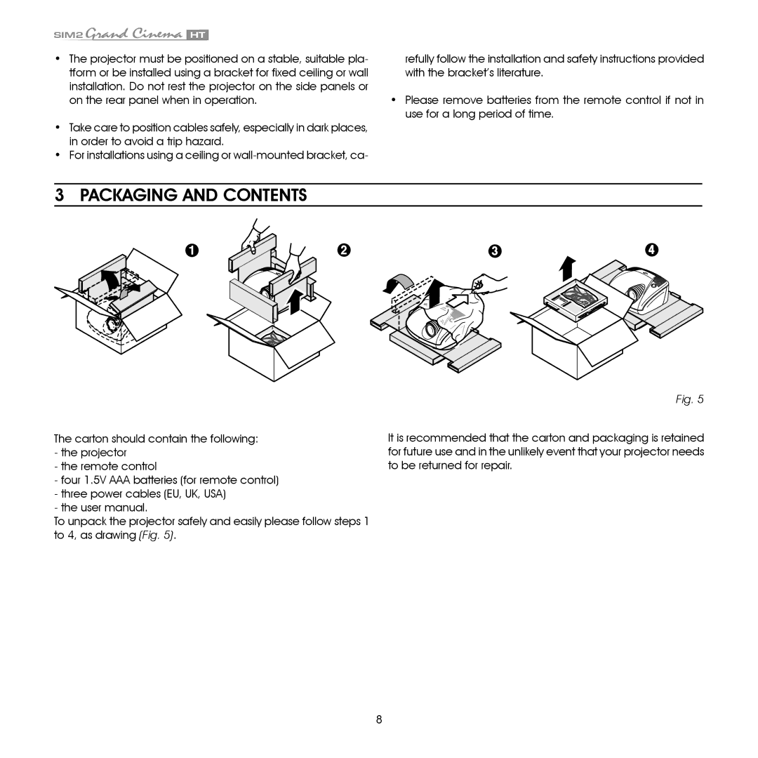 Sim2 Multimedia HT305 installation manual Packaging and Contents 