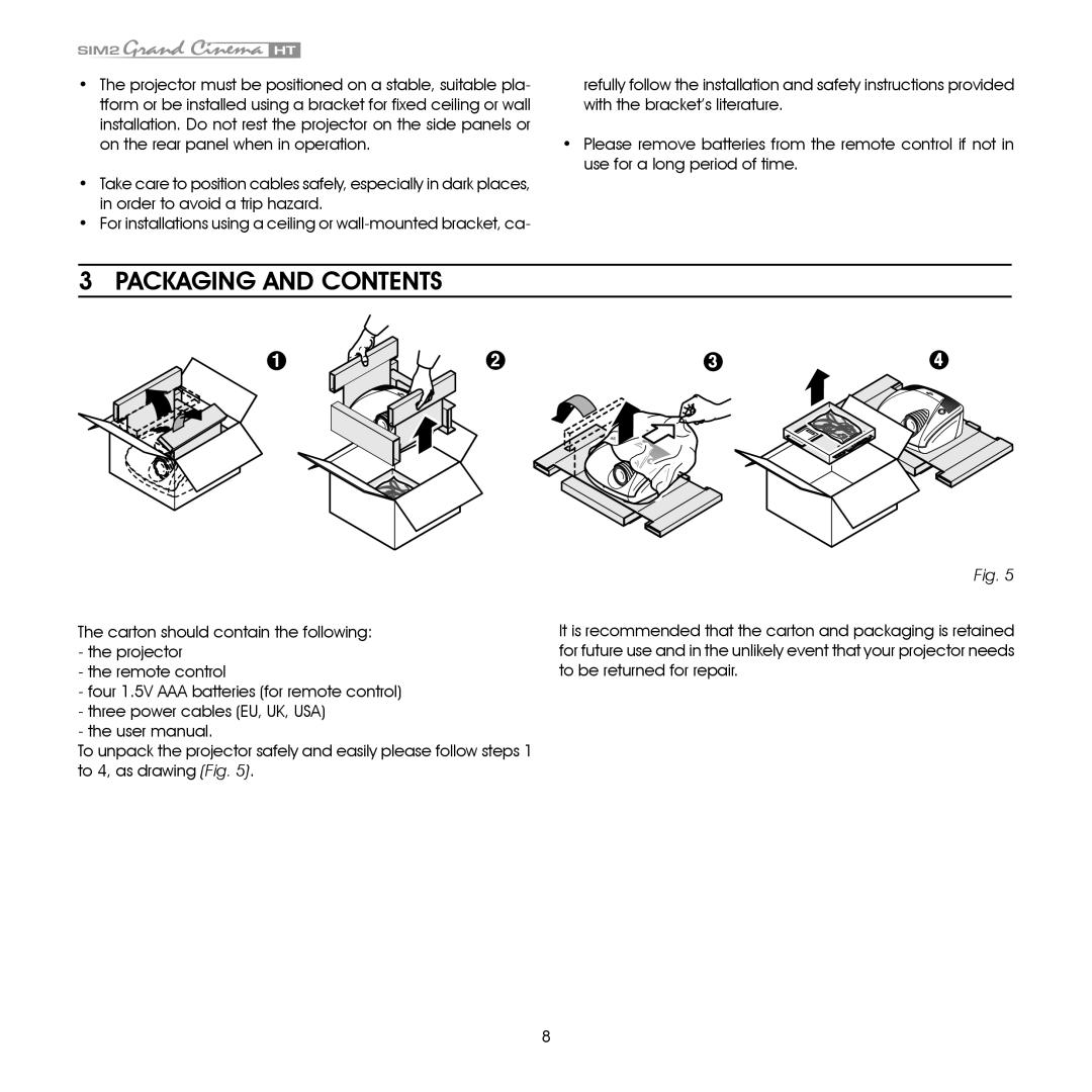 Sim2 Multimedia HT305 installation manual Packaging And Contents, Fig 