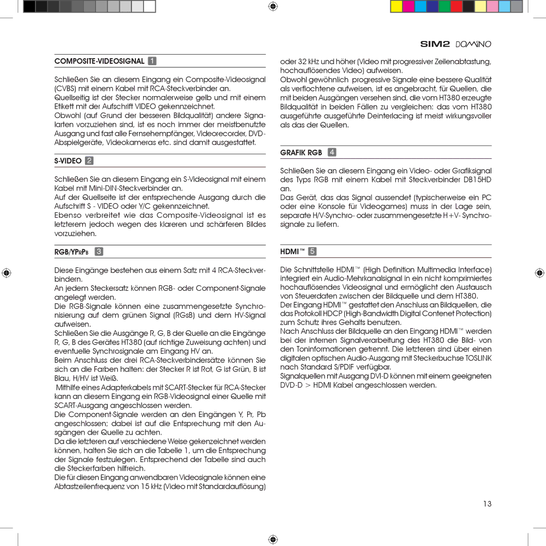 Sim2 Multimedia HT380 manual Composite-Videosignal, Grafik RGB, Hdmi 