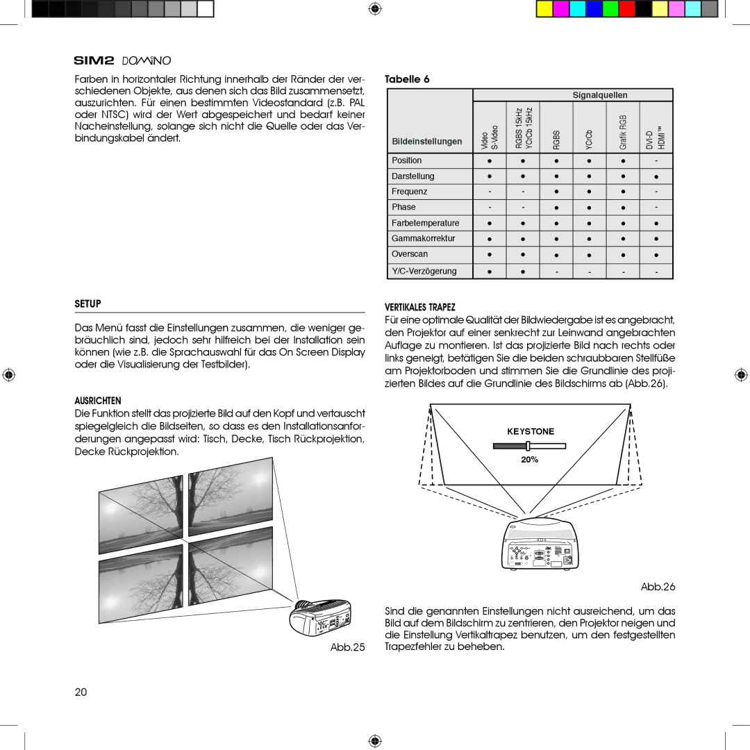 Sim2 Multimedia HT380 manual Setup, Ausrichten, Vertikales Trapez 