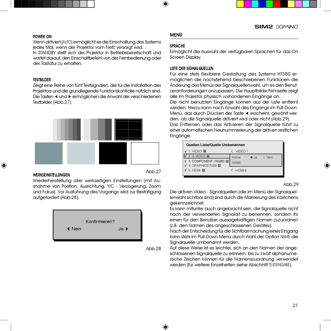 Sim2 Multimedia HT380 manual Power on, Testbilder, Menü Sprache, Liste DER Signalquellen, Werkseinstellungen 