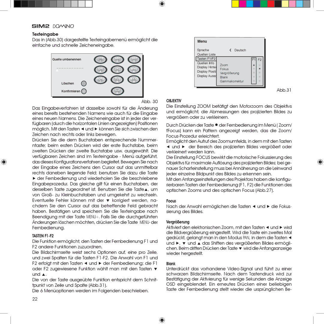 Sim2 Multimedia HT380 manual Tasten F1-F2, Abb.31, Objektiv 