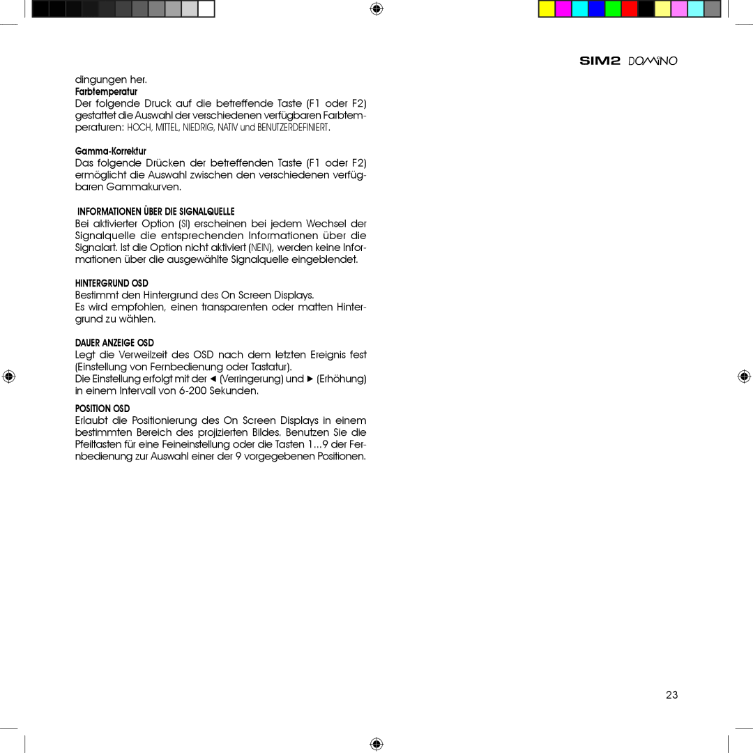 Sim2 Multimedia HT380 Dingungen her. Farbtemperatur, Informationen Über DIE Signalquelle, Hintergrund OSD, Position OSD 