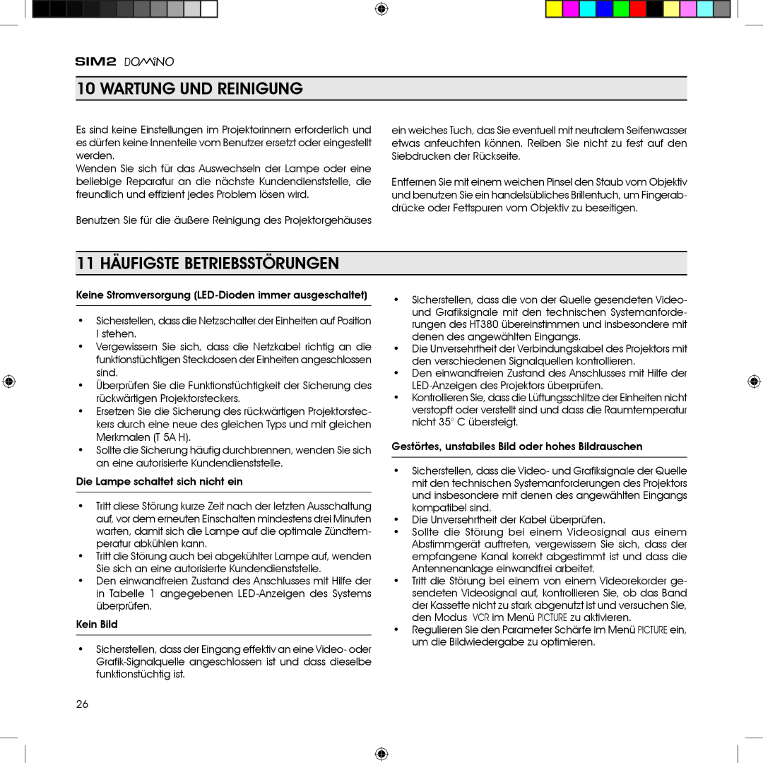 Sim2 Multimedia HT380 manual Wartung UND Reinigung, 11 Häufigste Betriebsstörungen 