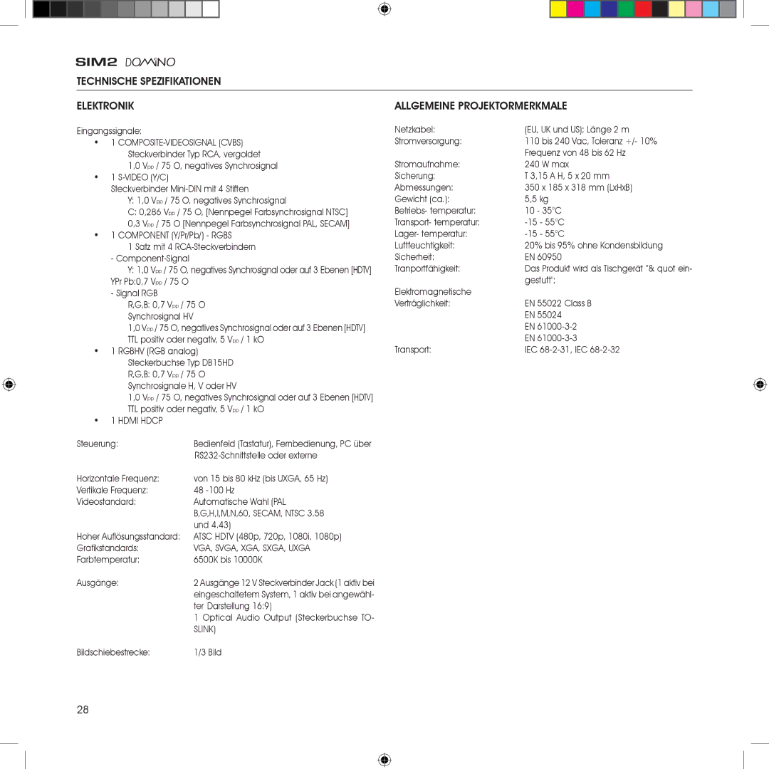 Sim2 Multimedia HT380 manual Technische Spezifikationen Elektronik, COMPOSITE-VIDEOSIGNAL Cvbs 