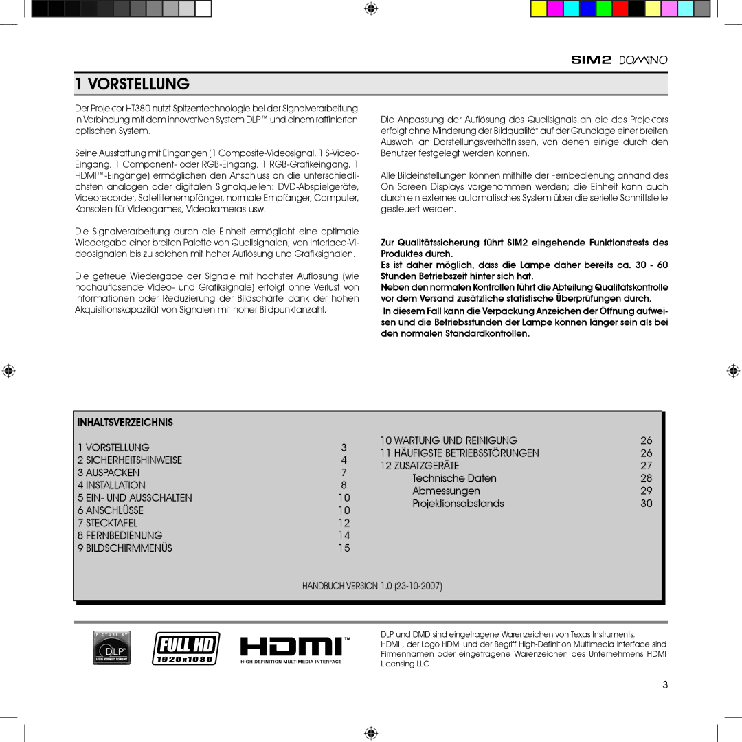 Sim2 Multimedia HT380 Vorstellung, Installation, EIN- UND Ausschalten, Anschlüsse Stecktafel Fernbedienung Bildschirmmenüs 