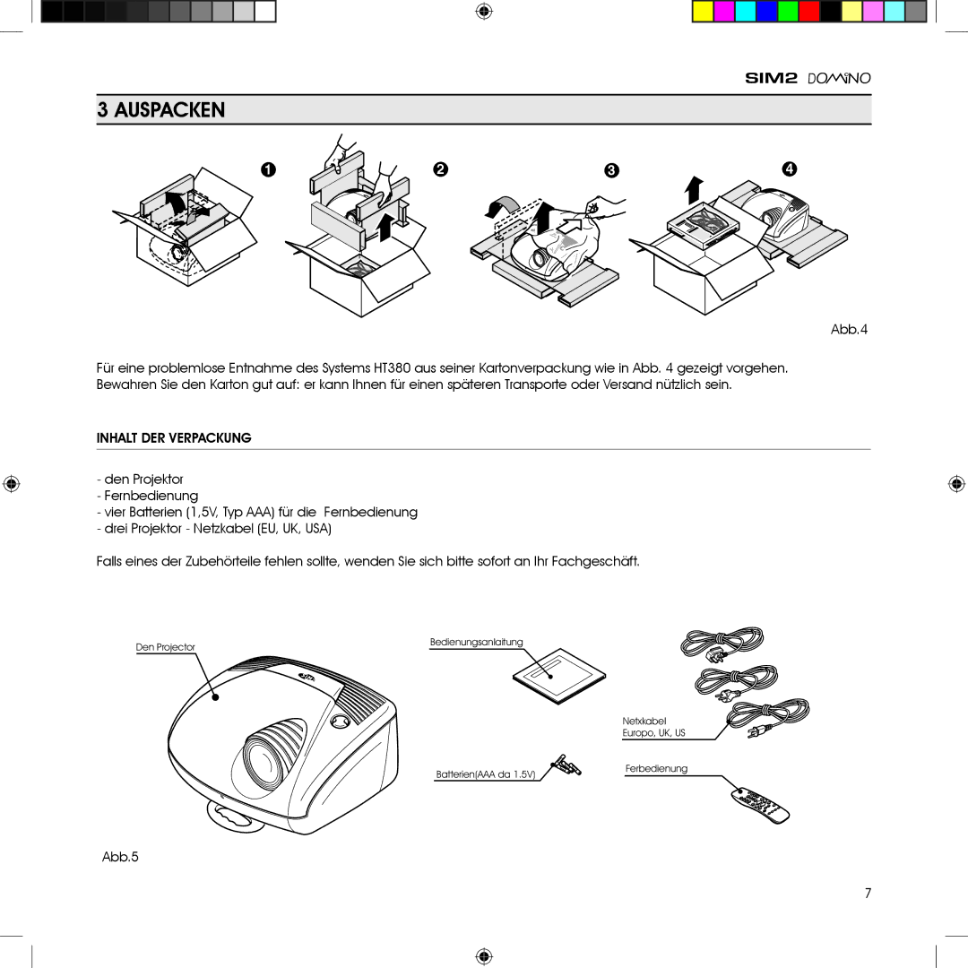 Sim2 Multimedia HT380 manual Auspacken, Abb.4, Inhalt DER Verpackung, Abb.5 