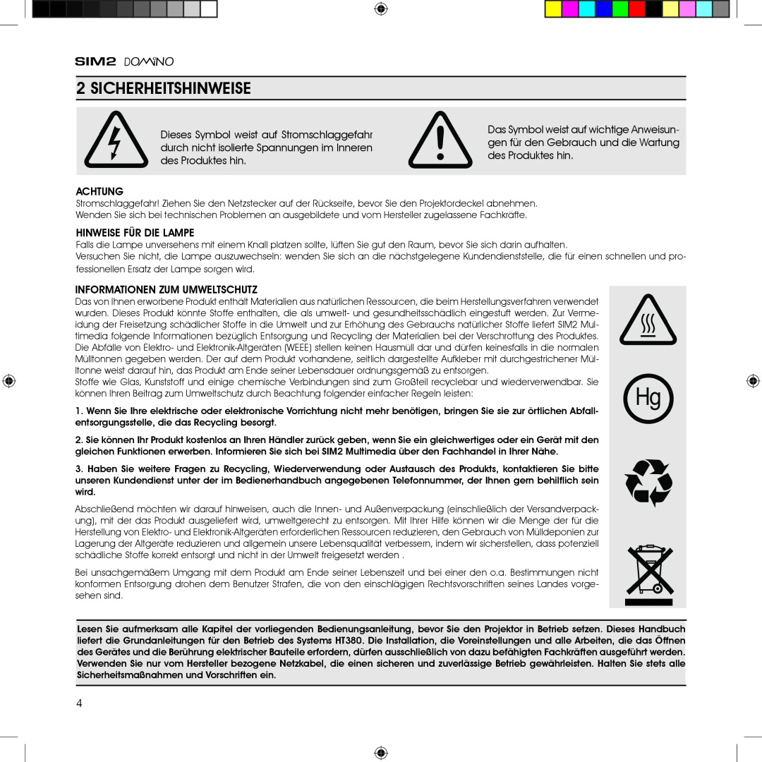 Sim2 Multimedia HT380 manual Sicherheitshinweise, Achtung, Hinweise Für Die Lampe, Informationen Zum Umweltschutz 