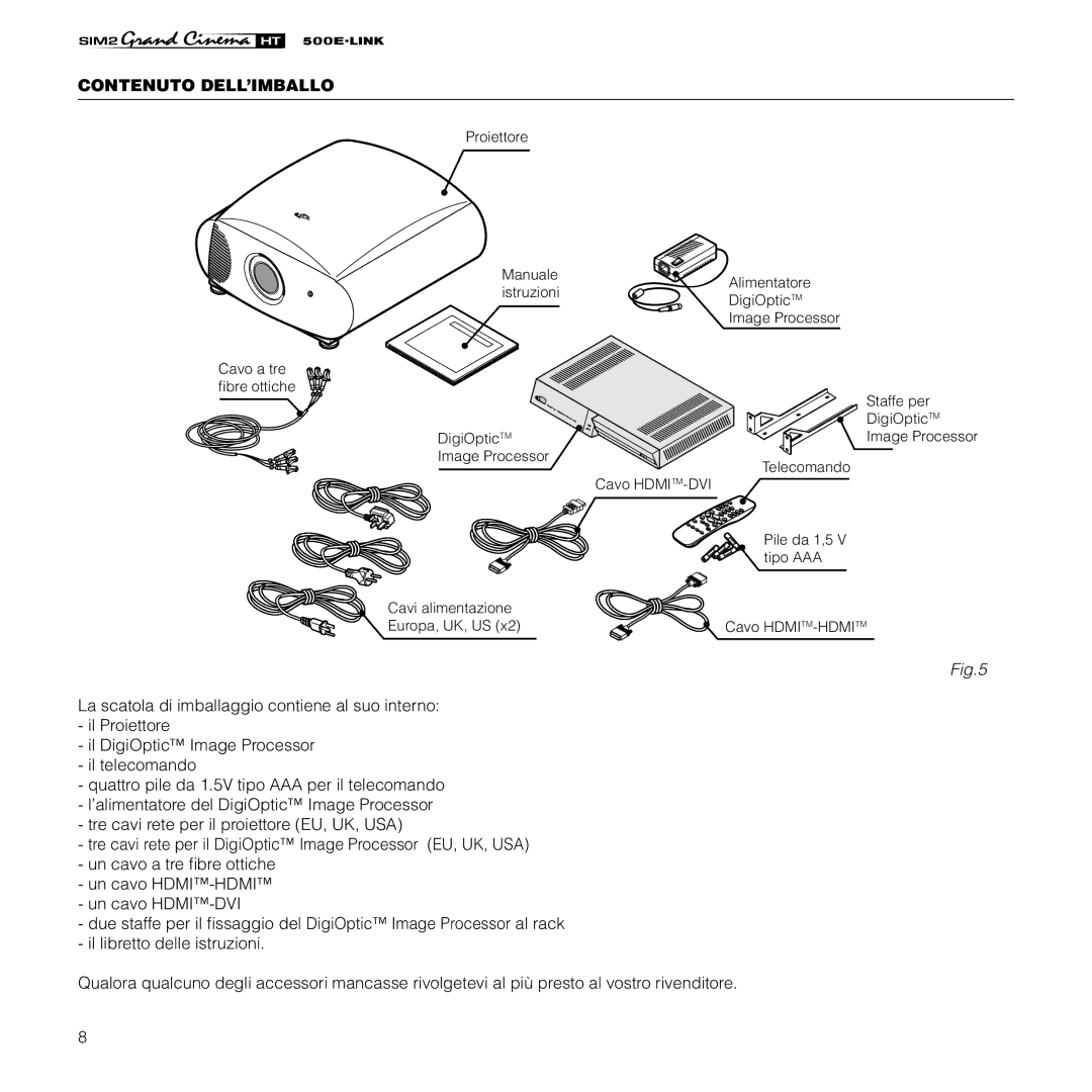 Sim2 Multimedia HT500 E-LINK manual Contenuto DELL’IMBALLO 