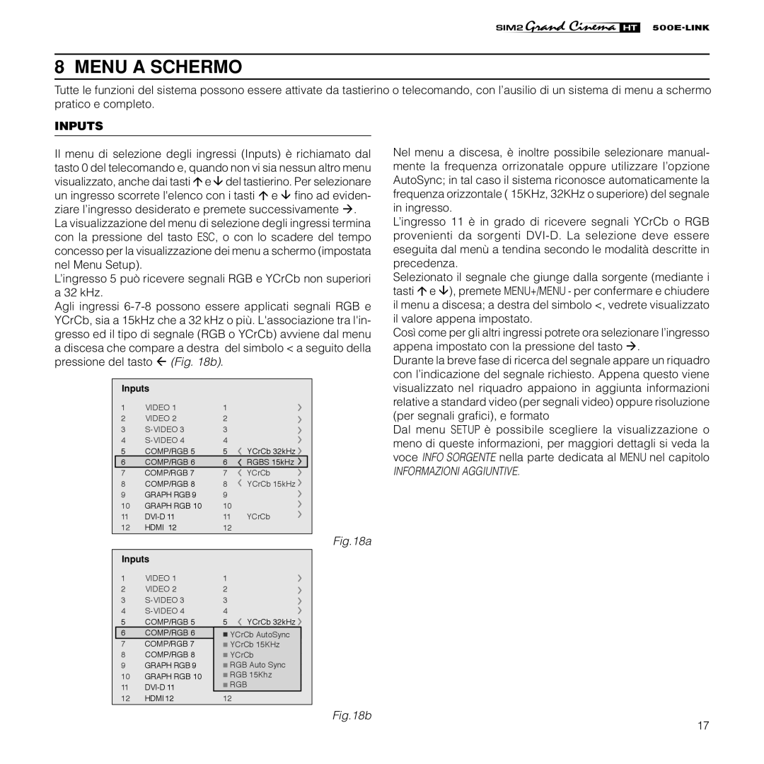 Sim2 Multimedia HT500 E-LINK manual Menu a Schermo, Inputs 