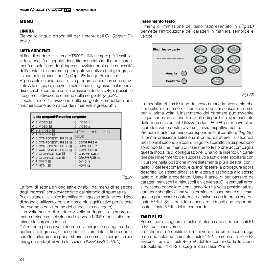 Sim2 Multimedia HT500 E-LINK manual Menu Lingua, Lista Sorgenti, Inserimento testo, Tasti F1-F2 