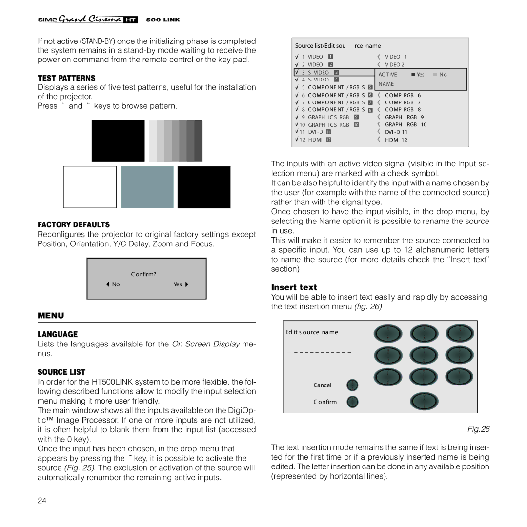 Sim2 Multimedia HT500 LINK installation manual Test Patterns, Factory Defaults, Menu Language, Source List, Insert text 