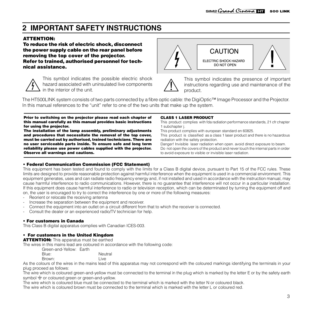 Sim2 Multimedia HT500 LINK installation manual Important Safety Instructions, Class 1 Laser Product 