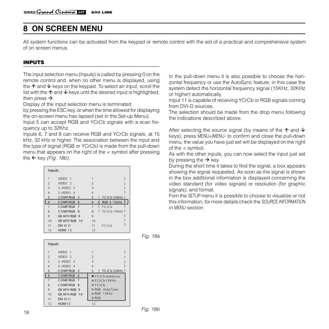 Sim2 Multimedia HT500 LINK installation manual On Screen Menu, Inputs 
