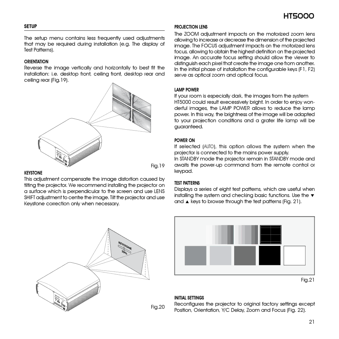 Sim2 Multimedia HT5000 installation manual Setup, Keystone, Lamp Power, Power on, Test Patterns, Initial Settings 