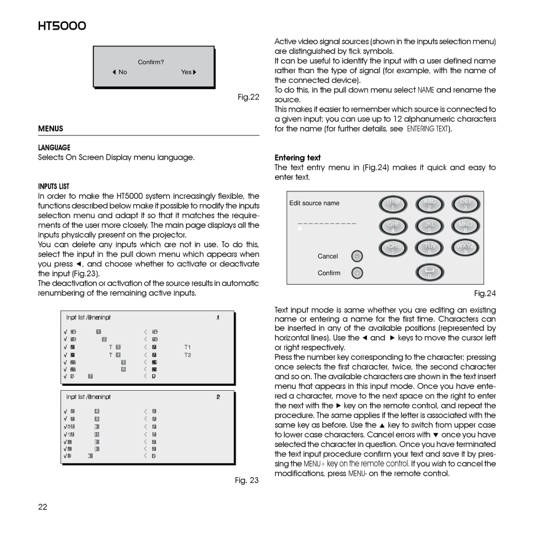 Sim2 Multimedia HT5000 installation manual Menus Language, Inputs List 